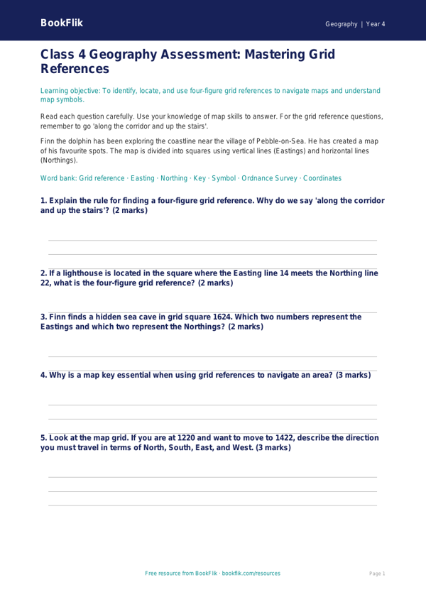 Free Grid References Assessment for Class 4 Geography | BookFlik worksheet preview — Geography Grid References