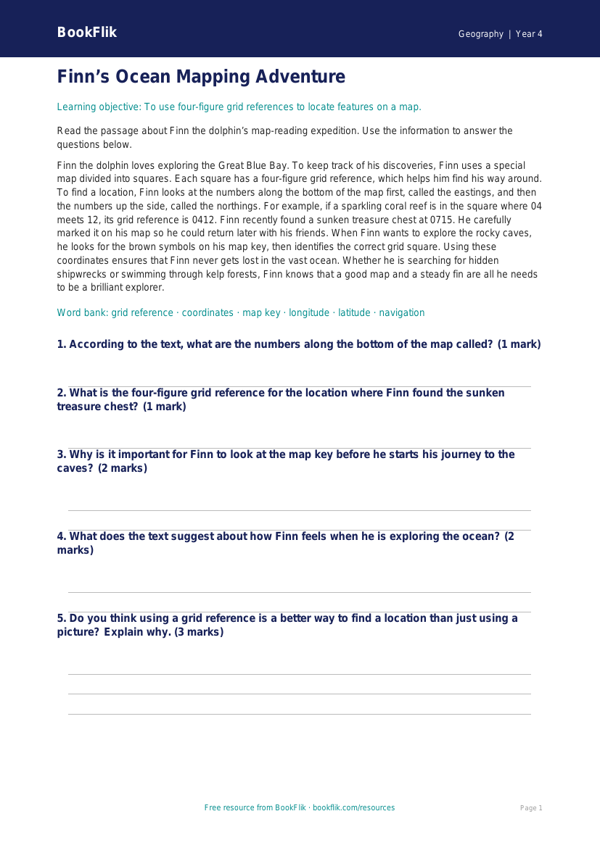 Free Grid References Comprehension | Class 4 | Geography | BookFlik worksheet preview — Geography Grid References