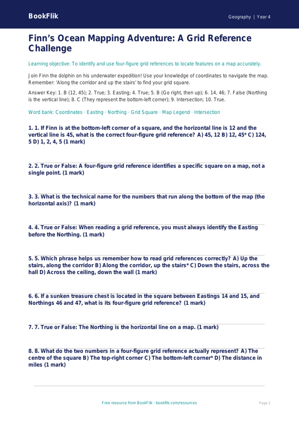 Free Grid References Quiz | Class 4 | Geography | BookFlik worksheet preview — Geography Grid References