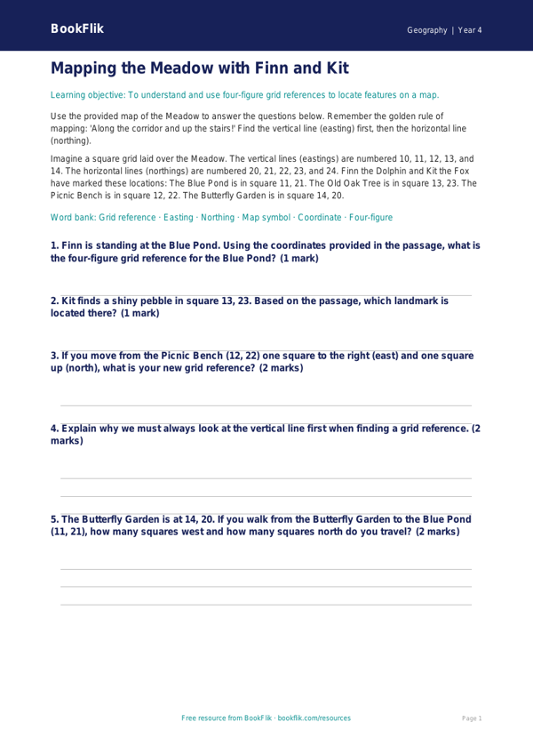 Free Grid References Worksheet for Class 4 Geography | BookFlik worksheet preview — Geography Grid References