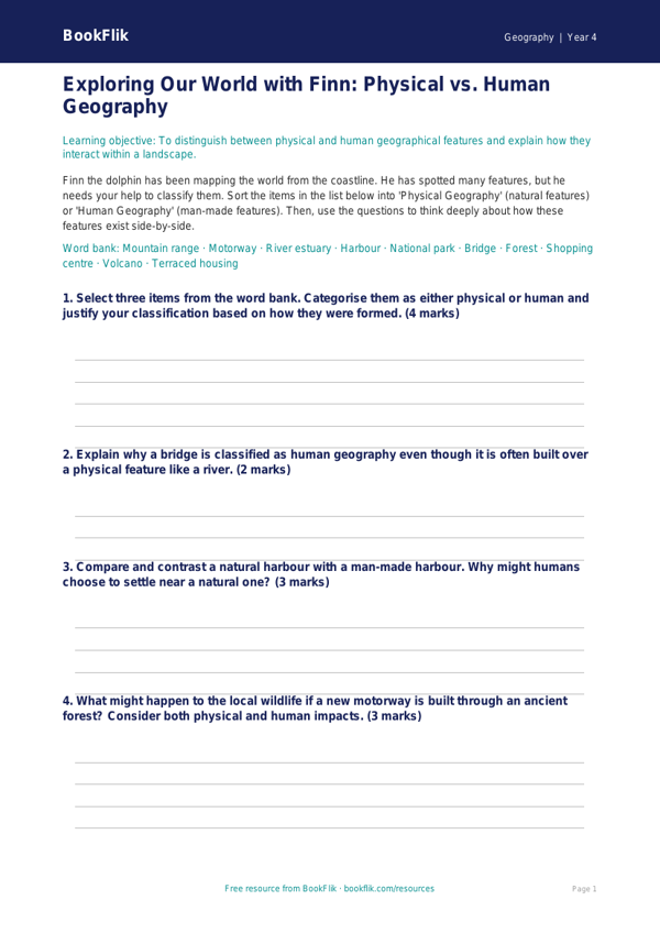 Free Human And Physical Geography Activity Sheet | Class 4 | Geography | BookFlik worksheet preview — Geography Human And Physical Geography