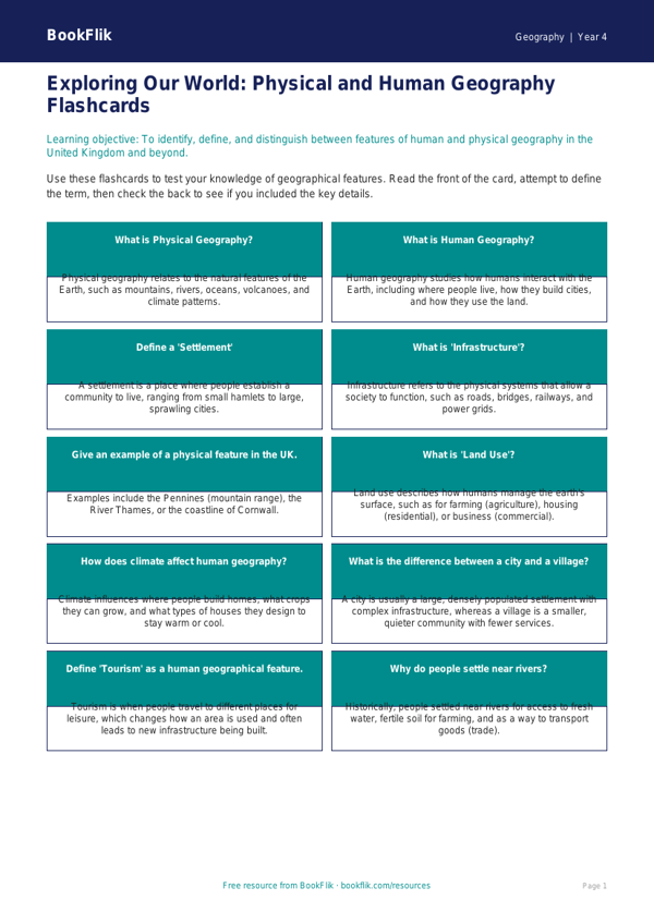 Free Human And Physical Geography Flashcards | Class 4 | Geography | BookFlik worksheet preview — Geography Human And Physical Geography