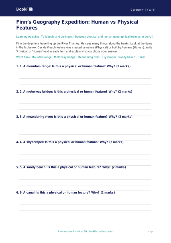 Free Human And Physical Geography Activity Sheet | Class 5 | Geography | BookFlik worksheet preview — Geography Human And Physical Geography