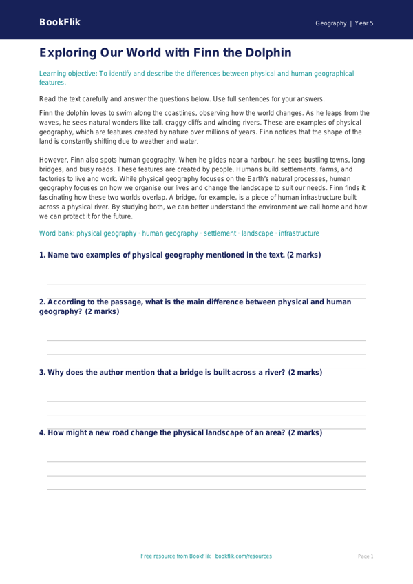 Free Human And Physical Geography Comprehension | Class 5 | Geography | BookFlik worksheet preview — Geography Human And Physical Geography