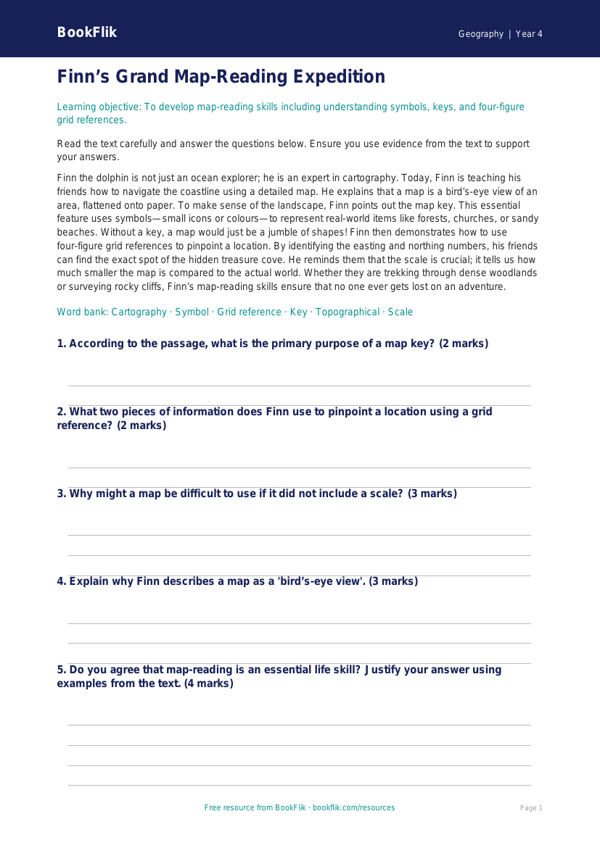 Free Map Skills Comprehension | Class 4 | Geography | BookFlik worksheet preview — Geography Map Skills