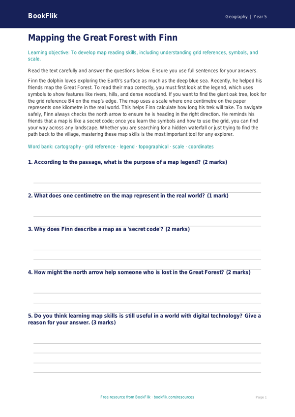 Free Map Skills Comprehension | Class 5 | Geography | BookFlik worksheet preview — Geography Map Skills