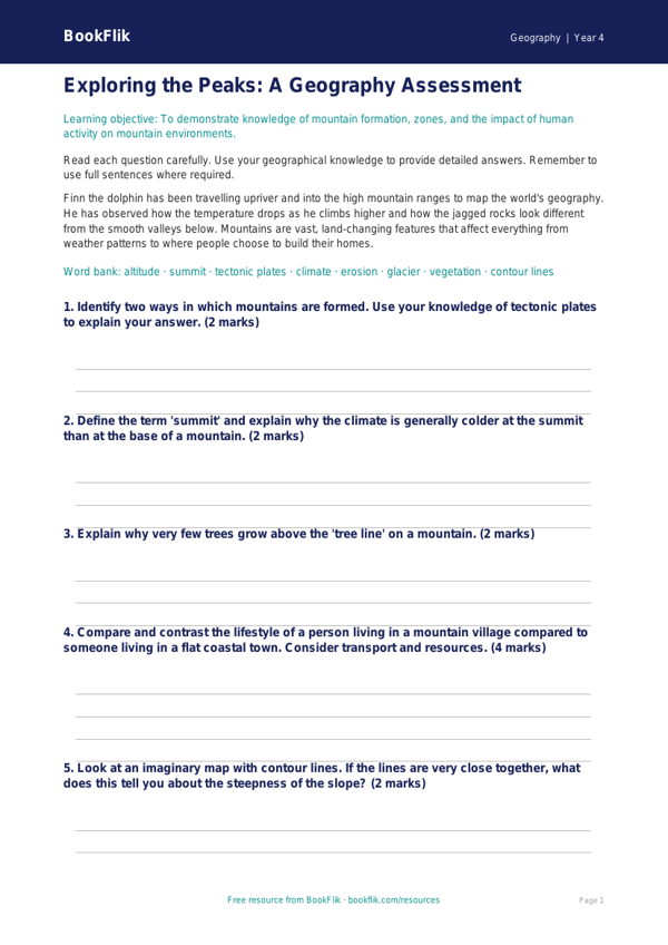 Free Mountains Assessment | Class 4 | Geography | BookFlik worksheet preview — Geography Mountains