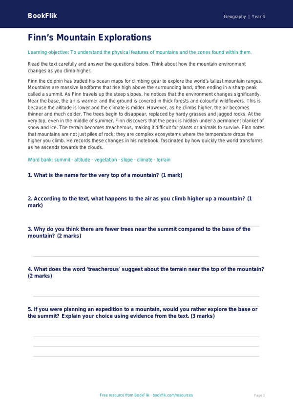Geography mountains comprehension class 4 core worksheet preview — Geography Mountains