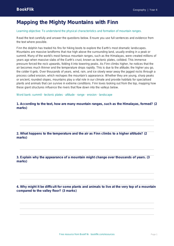 Free Mountains Comprehension | Class 4 | Geography | BookFlik worksheet preview β Geography Mountains