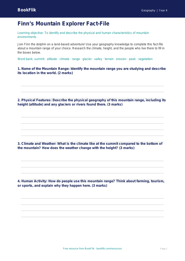 Free Mountains Template | Class 4 | Geography | BookFlik worksheet preview — Geography Mountains