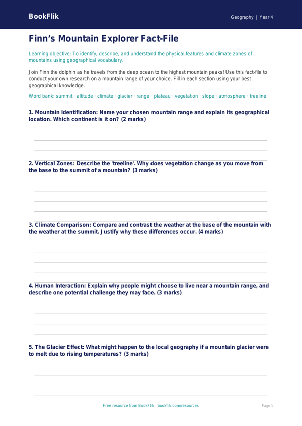Mountains Template for Class 4 | Geography Worksheet | BookFlik worksheet preview — Geography Mountains