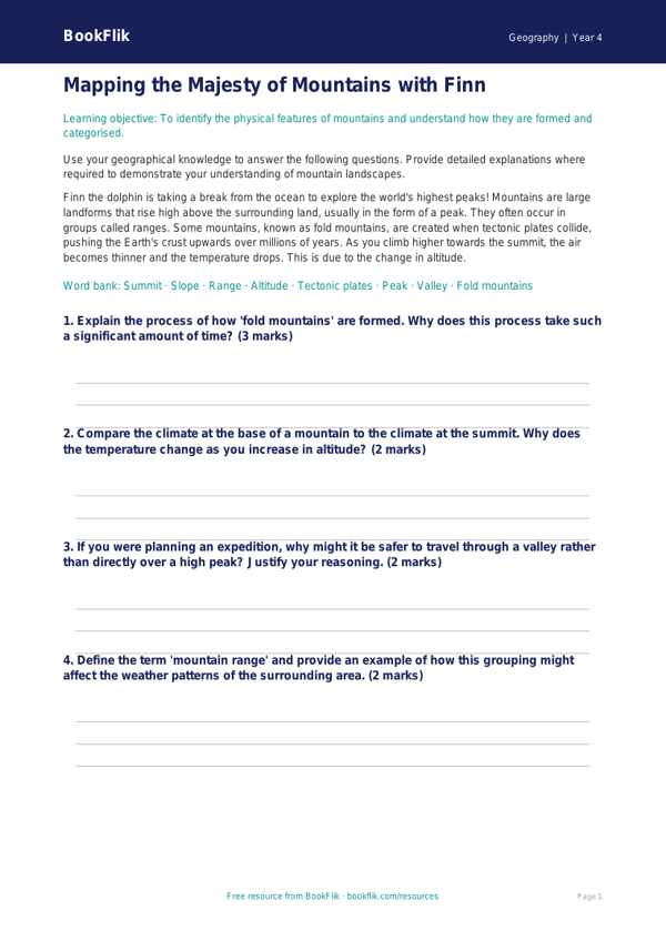 Free Mountains Worksheet | Class 4 | Geography | BookFlik worksheet preview — Geography Mountains