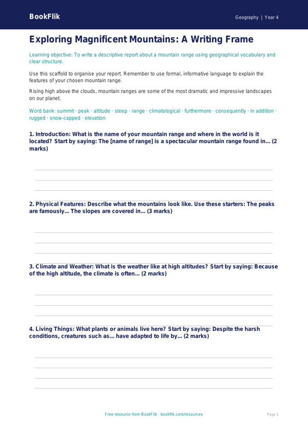 Free Mountains Writing Frame | Class 4 | Geography | BookFlik worksheet preview — Geography Mountains