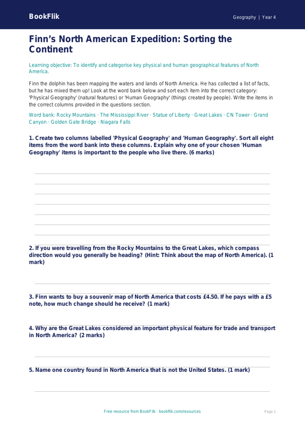 Free North America Activity Sheet | Class 4 | Geography | BookFlik worksheet preview — Geography North America