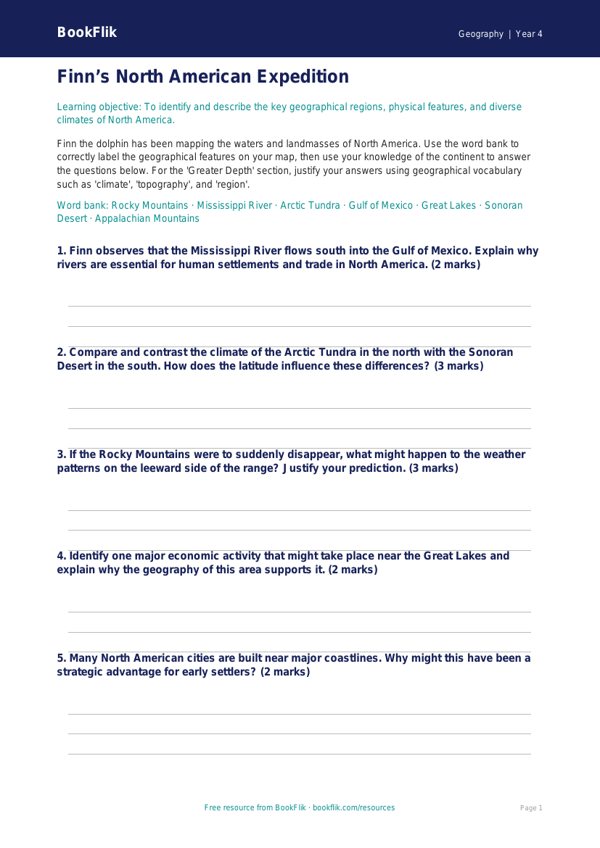 Free North America Activity Sheet | Class 4 | Geography | BookFlik worksheet preview — Geography North America