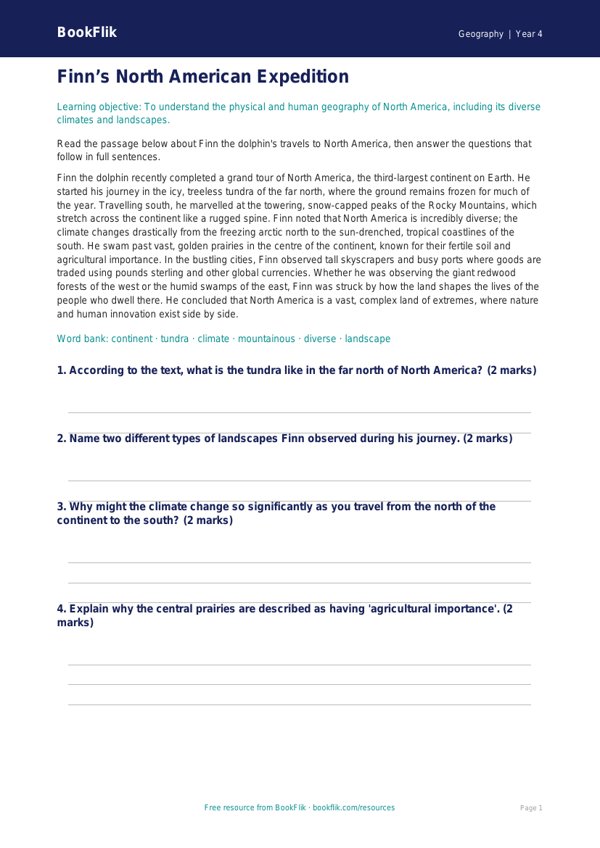 North America Geography Comprehension | Class 4 CBSE | BookFlik worksheet preview — Geography North America