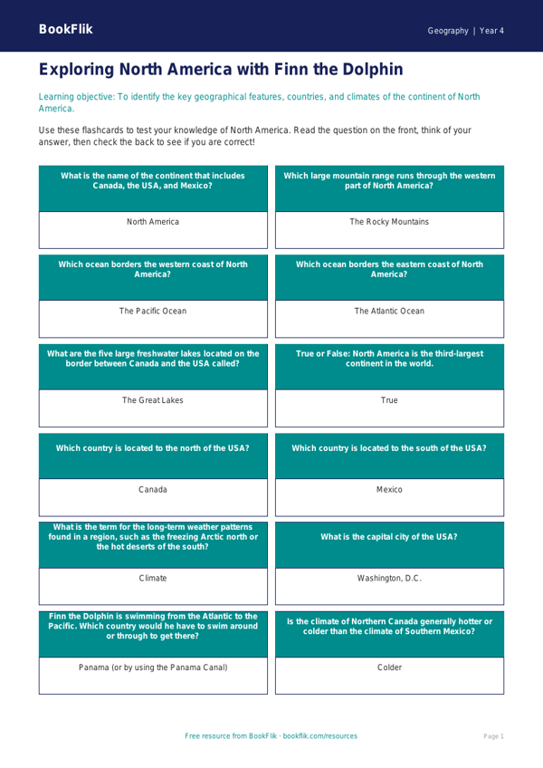 North America Geography Flashcards for Class 4 | CBSE | BookFlik worksheet preview — Geography North America