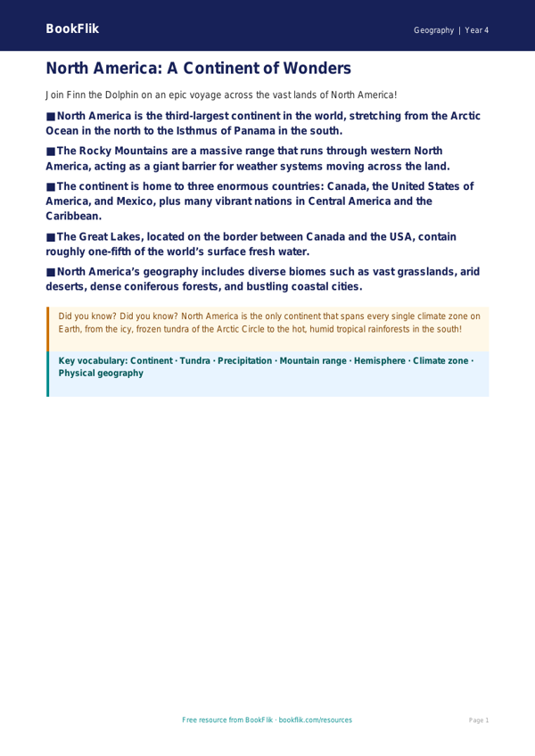 Free North America Poster | Class 4 | Geography | BookFlik worksheet preview — Geography North America