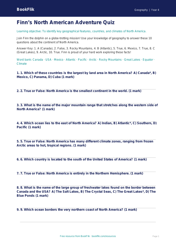 Free North America Quiz | Class 4 | Geography | BookFlik worksheet preview — Geography North America
