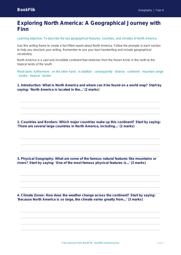 Free North America Writing Frame | Class 4 | Geography | BookFlik worksheet preview — Geography North America