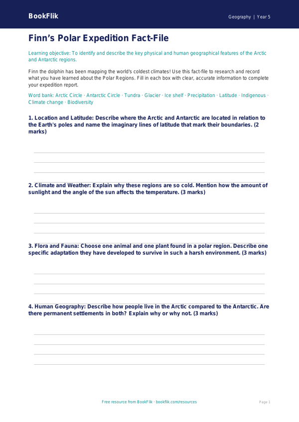 Free Polar Regions Template | Class 5 | Geography | BookFlik worksheet preview — Geography Polar Regions