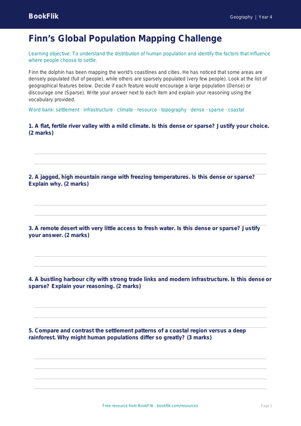 Free Population Activity Sheet | Class 4 | Geography | BookFlik worksheet preview — Geography Population