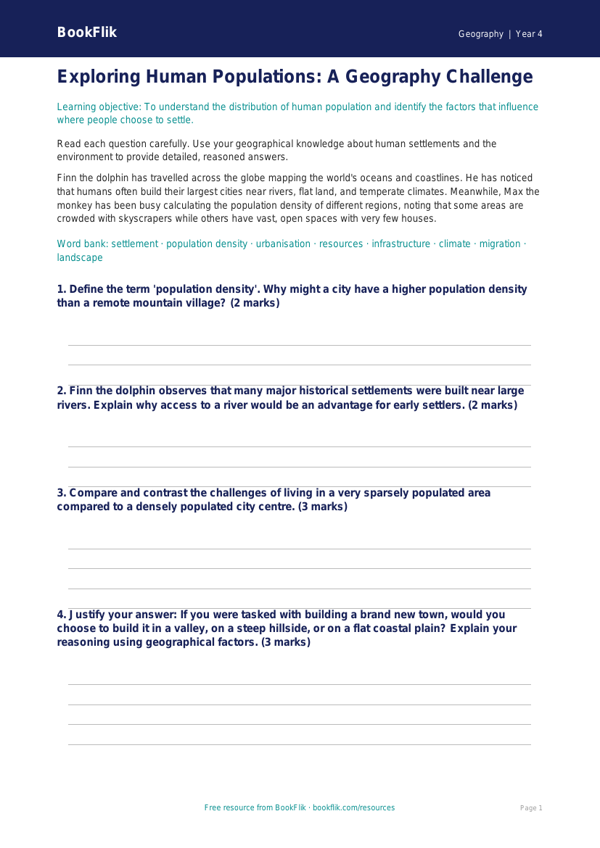 Free Population Worksheet | Class 4 | Geography | BookFlik worksheet preview — Geography Population