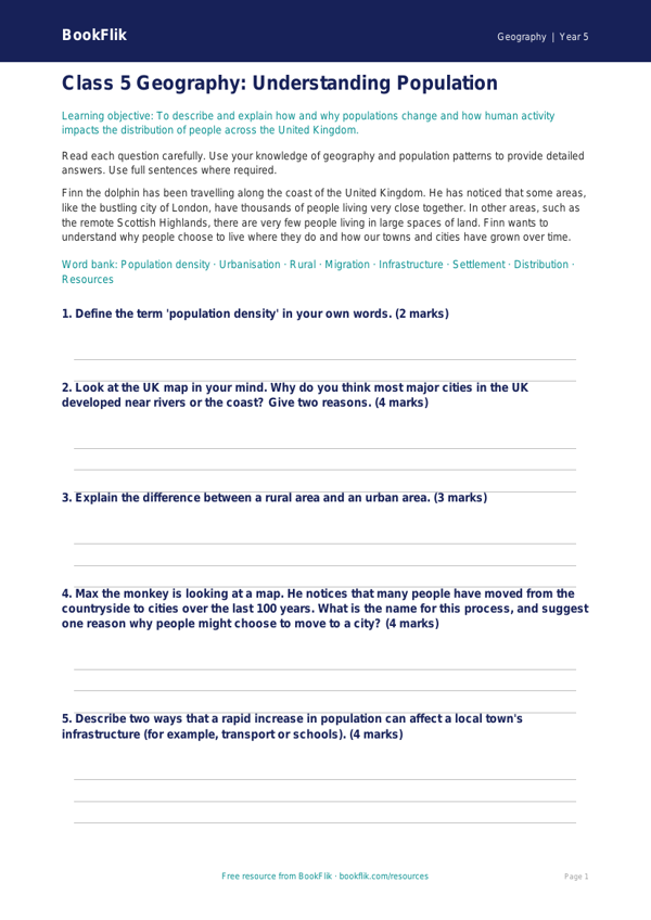 Free Population Assessment | Class 5 | Geography | BookFlik worksheet preview — Geography Population