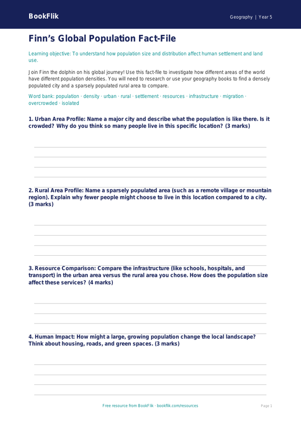 Understanding Population: Class 5 Geography Worksheet | BookFlik worksheet preview — Geography Population