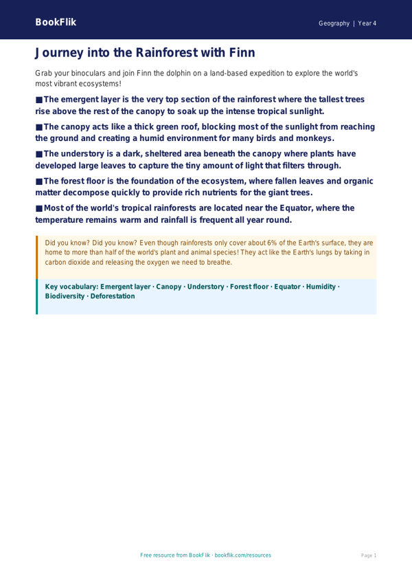 Free Rainforests Poster | Class 4 | Geography | BookFlik worksheet preview — Geography Rainforests