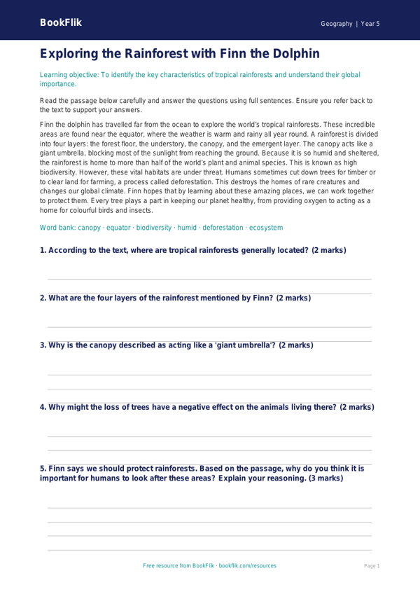 Free Rainforests Comprehension | Class 5 | Geography | BookFlik worksheet preview — Geography Rainforests