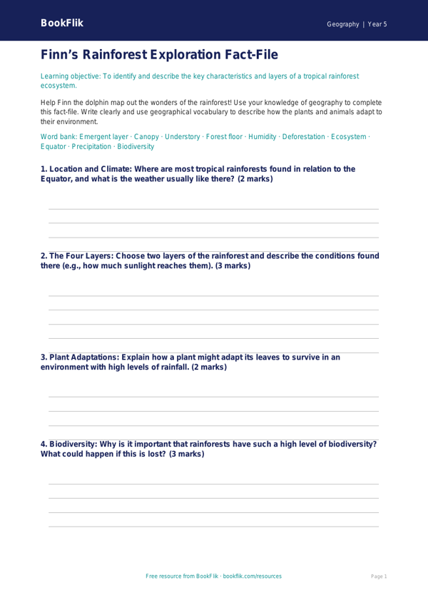 Rainforests Class 5 Geography Worksheet | CBSE NCERT | BookFlik worksheet preview — Geography Rainforests