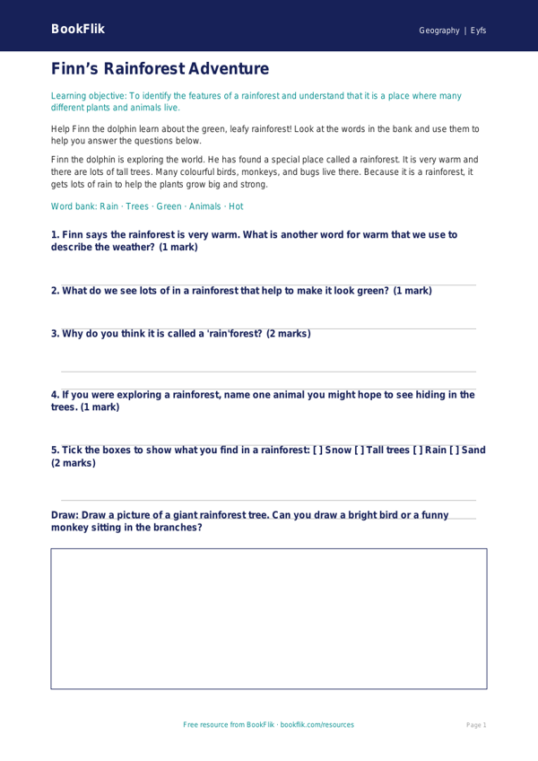 Free Rainforests Worksheet | Nursery / LKG | Geography | BookFlik worksheet preview — Geography Rainforests