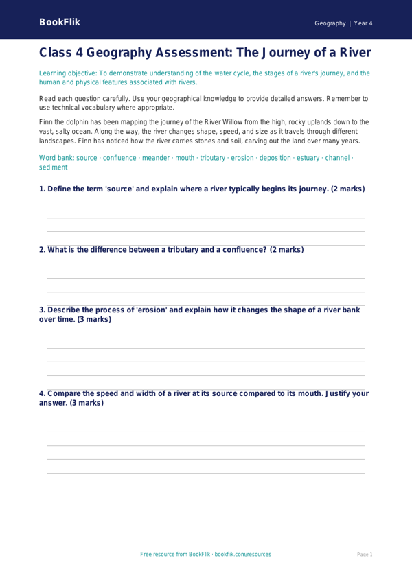 Geography rivers assessment class 4 greater depth worksheet preview — Geography Rivers