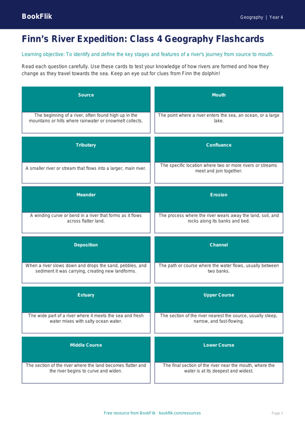 Free Rivers Flashcards | Class 4 | Geography | BookFlik worksheet preview — Geography Rivers