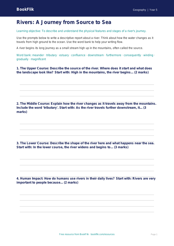 Free Rivers Writing Frame | Class 5 | Geography | BookFlik worksheet preview — Geography Rivers