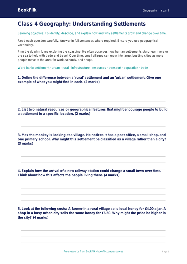 Geography settlements assessment class 4 core worksheet preview — Geography Settlements