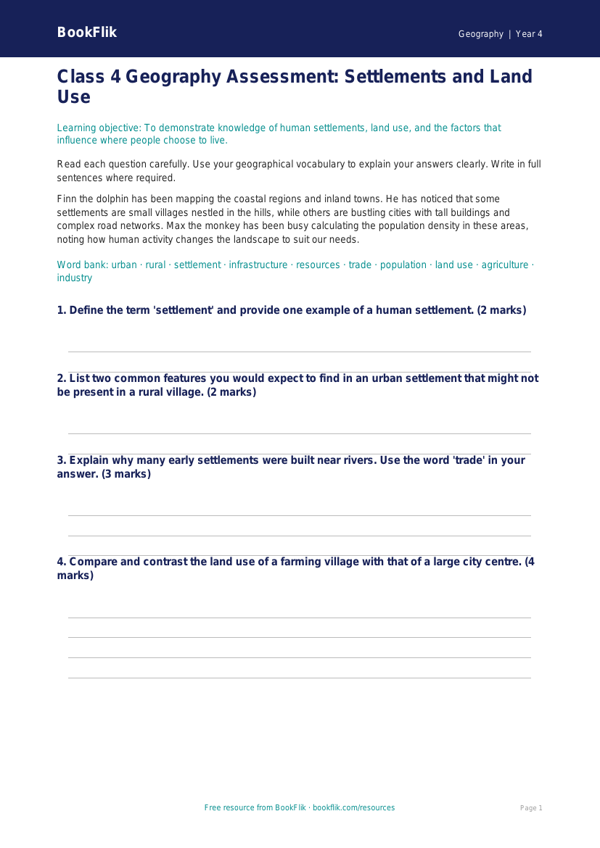 Free Settlements Assessment | Class 4 | Geography | BookFlik worksheet preview — Geography Settlements