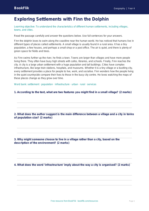 Free Settlements Comprehension | Class 4 | Geography | BookFlik worksheet preview — Geography Settlements