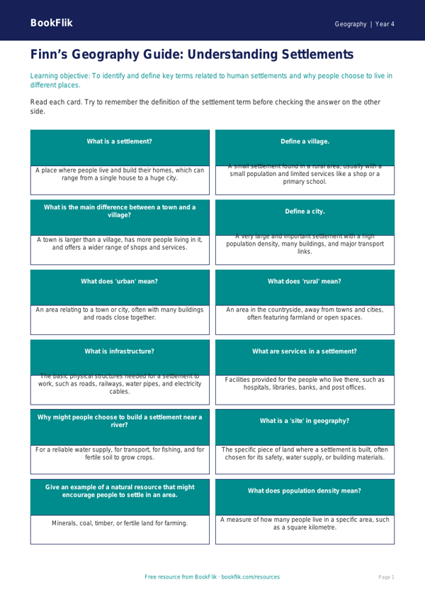 Free Settlements Flashcards | Class 4 | Geography | BookFlik worksheet preview — Geography Settlements
