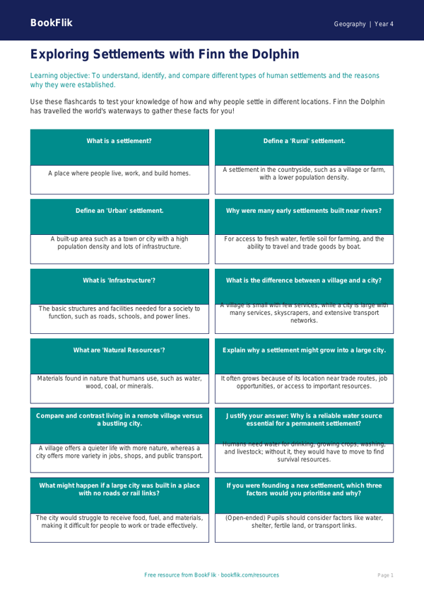 Free Settlements Flashcards | Class 4 | Geography | BookFlik worksheet preview — Geography Settlements
