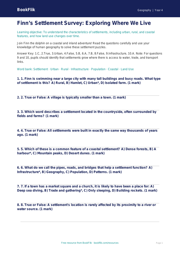 Settlements Quiz Class 4 | Geography Worksheet | BookFlik worksheet preview โ Geography Settlements