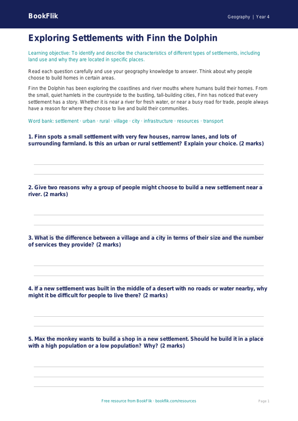 Free Settlements Worksheet | Class 4 | Geography | BookFlik worksheet preview — Geography Settlements