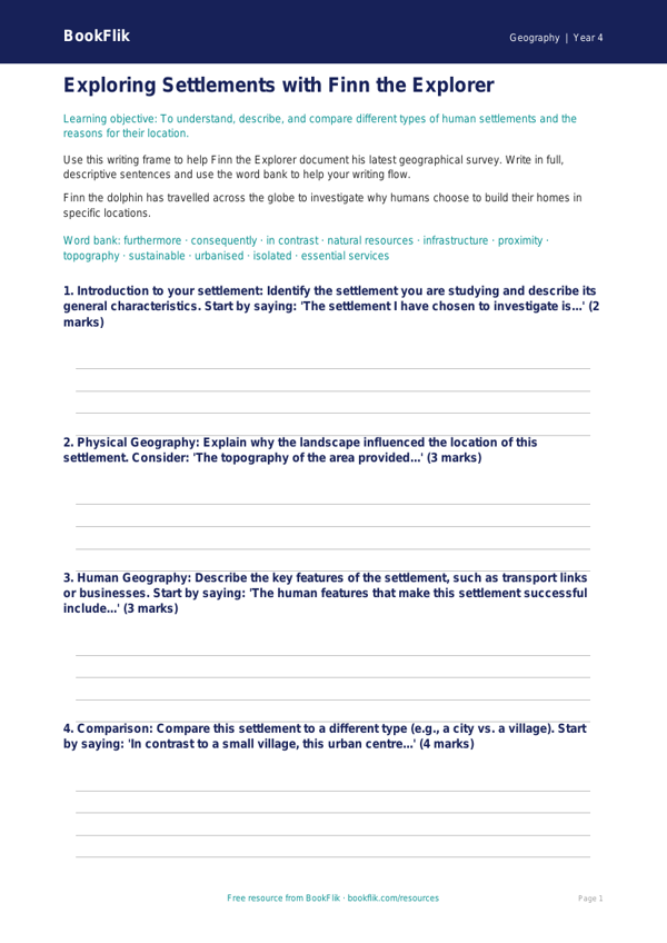Free Settlements Writing Frame | Class 4 | Geography | BookFlik worksheet preview — Geography Settlements