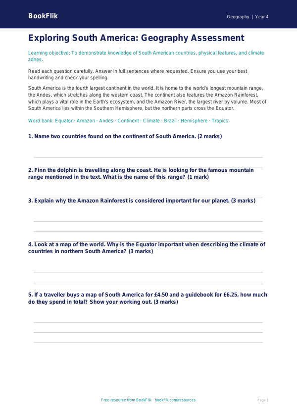 Free South America Assessment | Class 4 | Geography | BookFlik worksheet preview — Geography South America