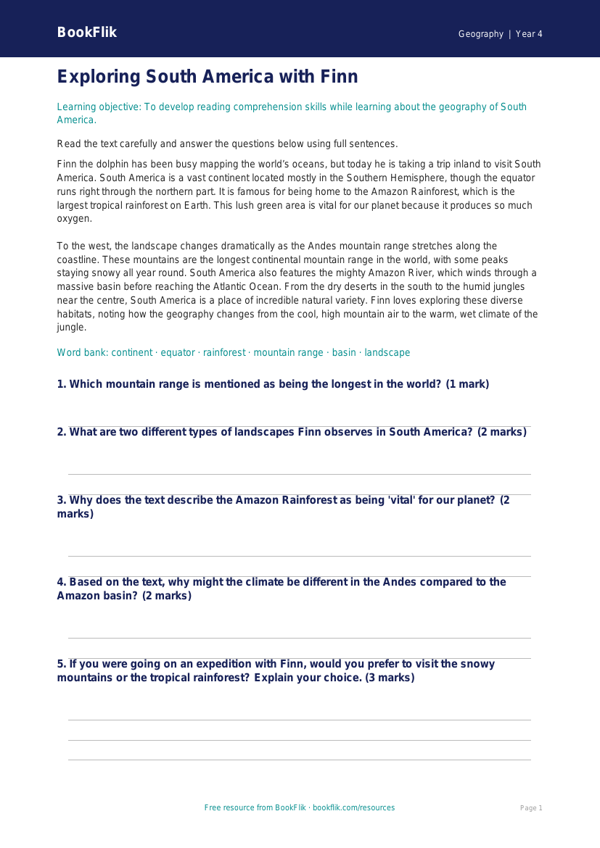 Free South America Comprehension | Class 4 | Geography | BookFlik worksheet preview — Geography South America