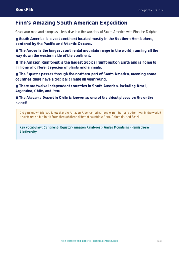 Free South America Poster | Class 4 | Geography | BookFlik worksheet preview — Geography South America