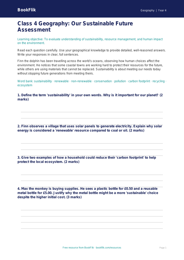 Sustainability Assessment Class 4 Free | Geography Worksheet worksheet preview — Geography Sustainability