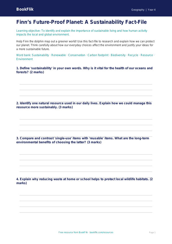Sustainability and Environment Worksheet | Class 4 Geography | BookFlik worksheet preview — Geography Sustainability