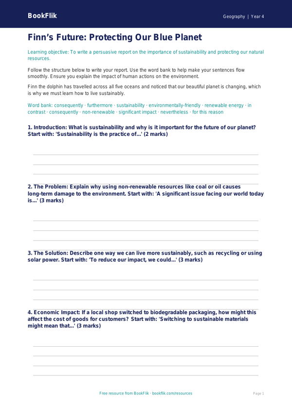 Free Sustainability Writing Frame | Class 4 | Geography | BookFlik worksheet preview — Geography Sustainability